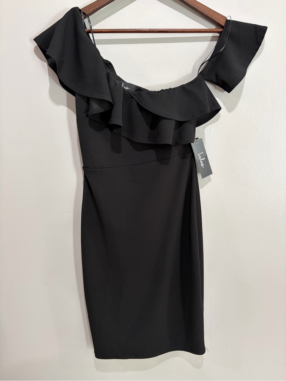 Lulu's Black One-Shoulder Ruffle Sheath Dress